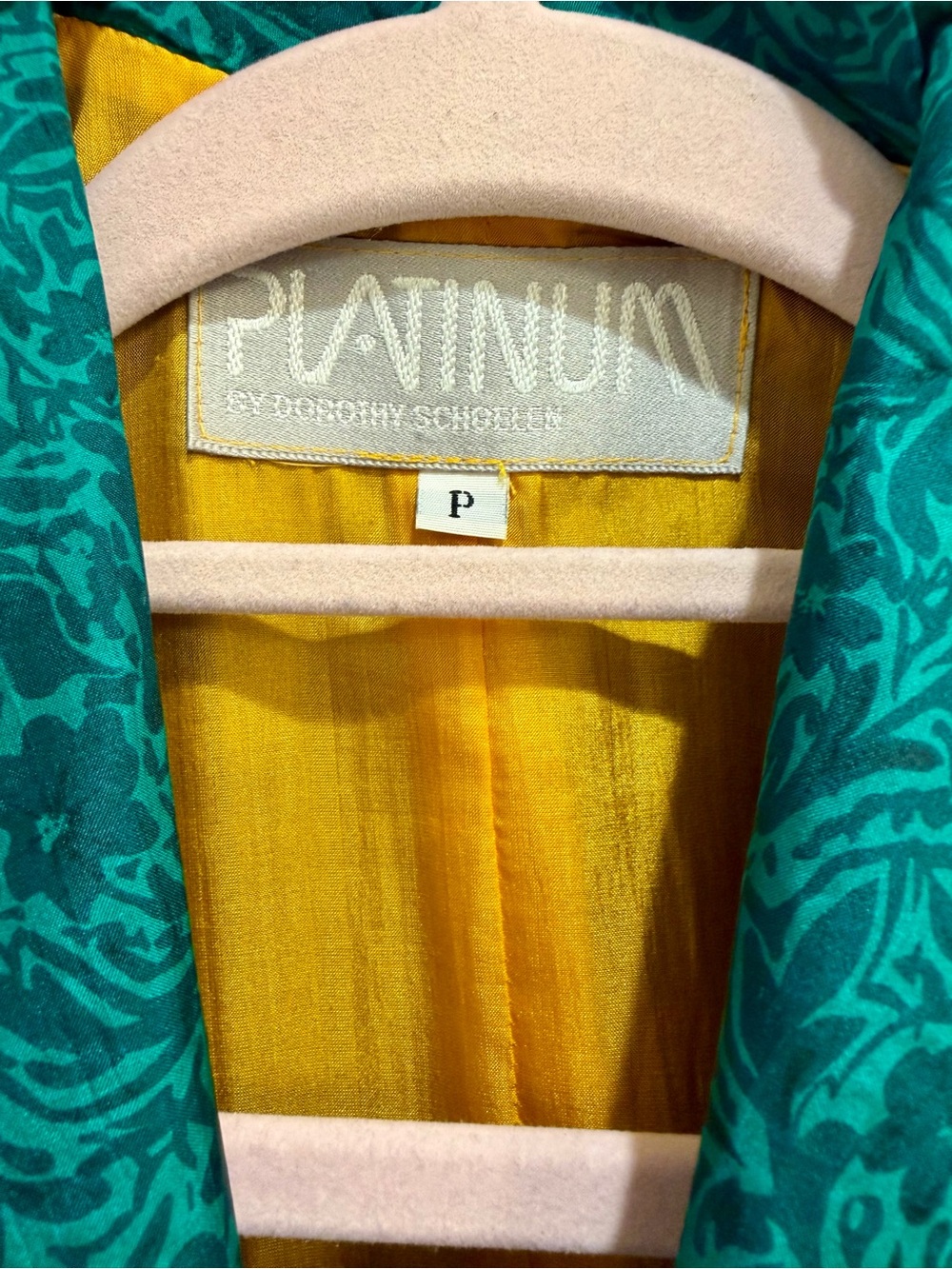 Vintage 80s Platinum by Dorothy Schoelen 100% Silk Teal Jacquard Crop Jacket S - Picture 4 of 14